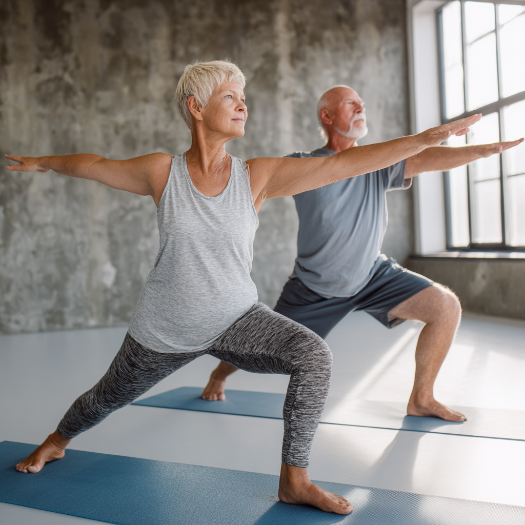 Older adults demonstrating improved flexibility and stability through yoga practice